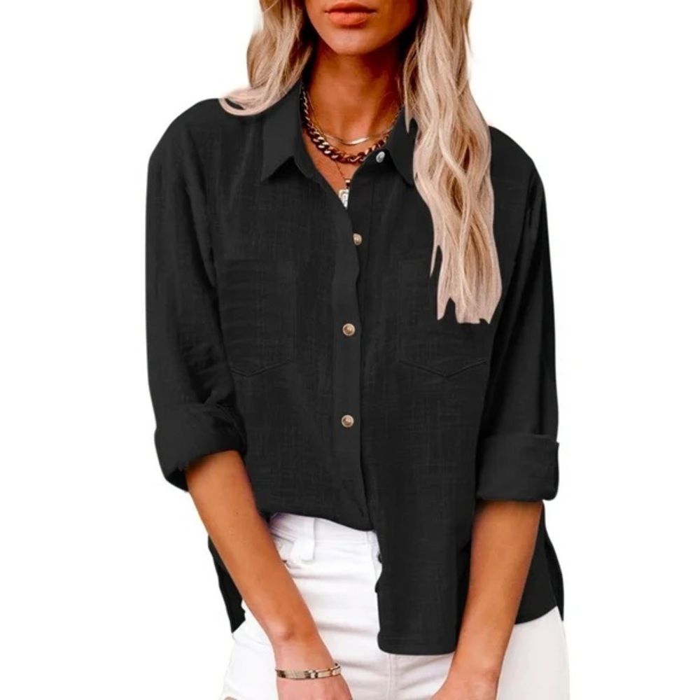 🖤LILY STAR CURVY BUTTON DOWN LINEN SEMI SHEER TOP